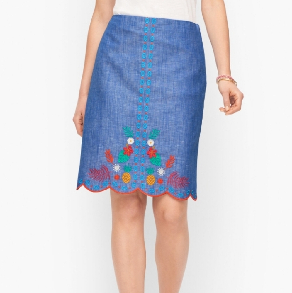 Talbots Embroidered A-Line Skirt Linen 8P Blue Prepoy Boho